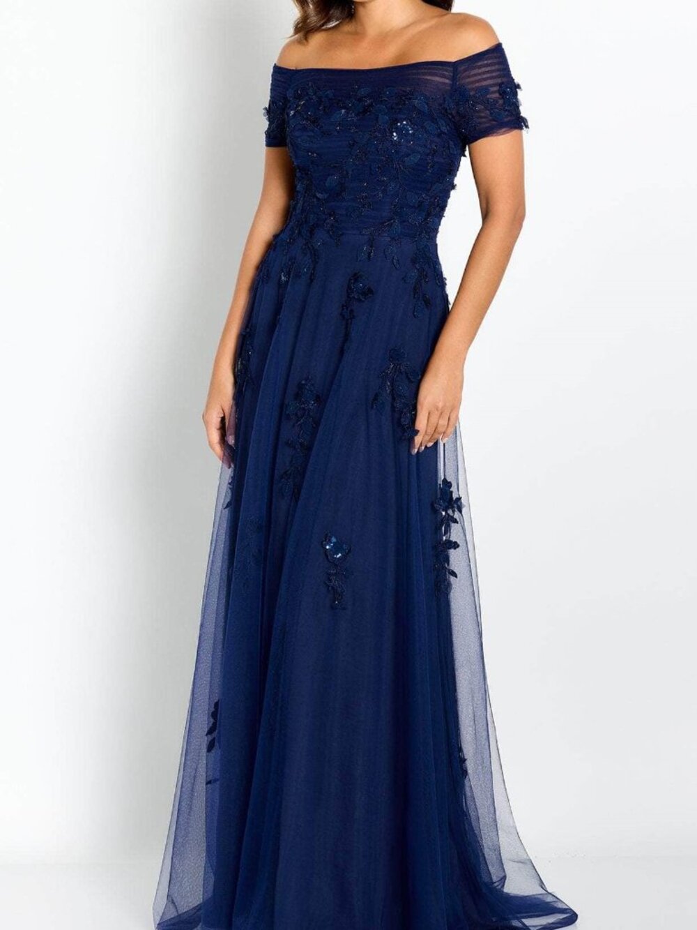 NWT Cameron Blake CB751 Off-Shoulder Illusion Formal Gown Navy Size 4